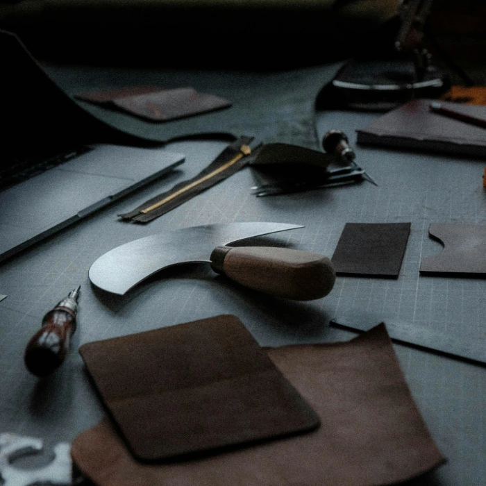 Leather work table with tools