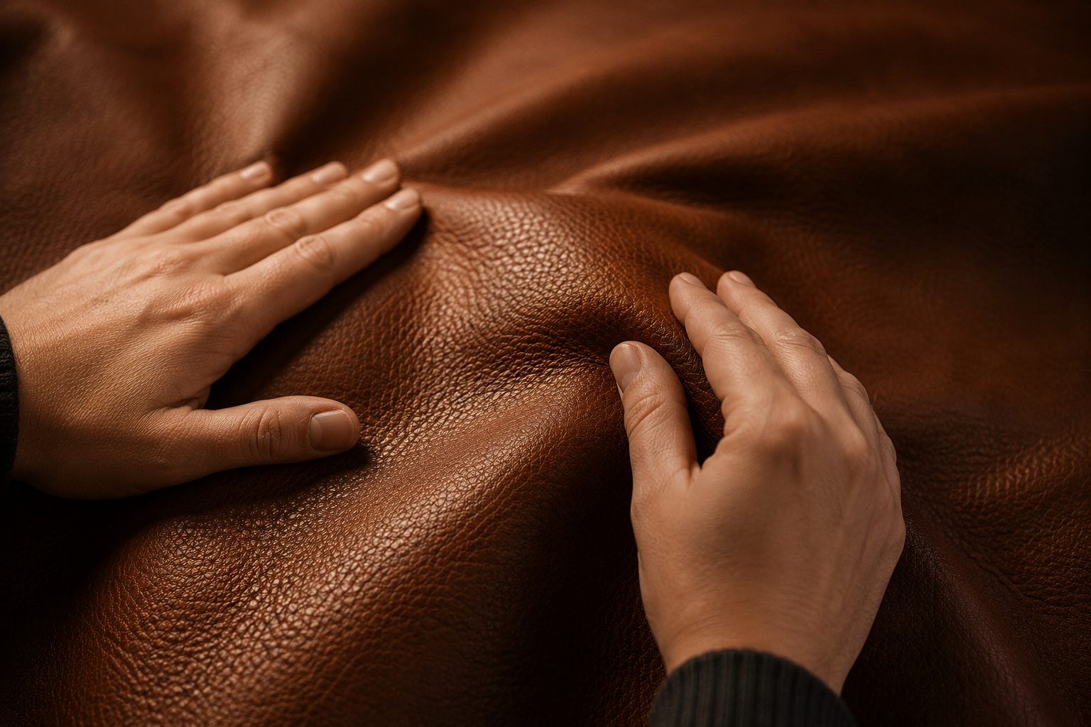 Hands feeling the texture of a leather piece